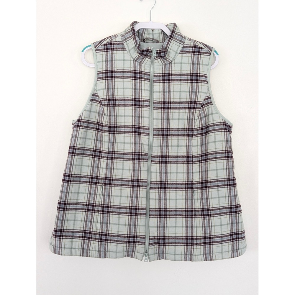 J. Jill Womens XL Plaid Quilted Vest Sage‎ Green Fleece Lined Full Zip RN 97641